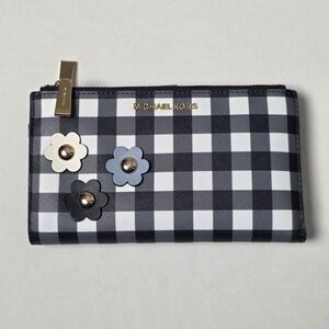 Michael Kors Gingham Saffiano Leather Double Zip Wallet 3D Daisy Stud Navy White